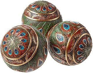 Design Toscano QM25572 Peacock Feathered Orbs Decorative Accent Balls, Set of Three, Polyresin, Full Color, 8 cm