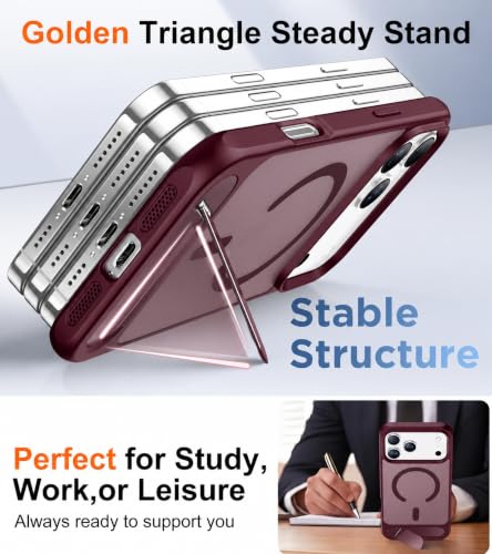 Image of Elzzi Translucent Matte Kickstand Case for iPhone 17 Pro Max, Built-in Adjustable Stand, Translucent Matte Magnetic Mag-Safe Shockproof Phone Cover (Cherry - Kickstand)