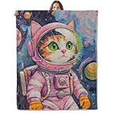 Lugiu Space Cat Blanket, Lightweight Comfy Astronaut Kitten in Colorful Galaxy Blankets for Couch Sofa Bedroom, Soft Plush Travel Flannel Throw Blanket Gifts for Women Adults Kids, Home Decor 60×50in