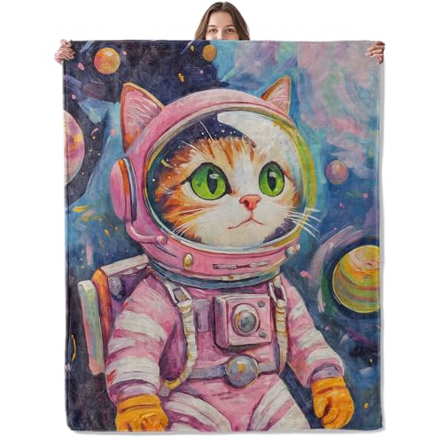 Lugiu Space Cat Blanket, Lightweight Comfy Astronaut Kitten in Colorful Galaxy Blankets for Couch Sofa Bedroom, Soft Plush Travel Flannel Throw Blanket Gifts for Women Adults Kids, Home Decor 60×50in