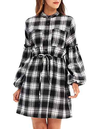 GRACE KARIN Women s Long Sleeve Plaid Dress Half High Collar Drawstring Empire Waist Swing Cotton Dresses Grid Loose Fit White-Black M