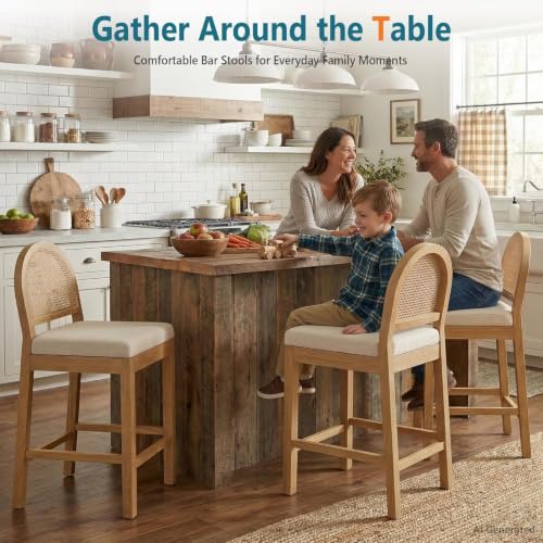 Image of STHOUYN Upholstered Rattan Bar Stools Set of 4, Wooden Counter Height Stools with Natural Rattan Woven Back and Chenille Seat, Mid-Century Modern Island Chairs Barstools for Kitchen (4, Cream White)