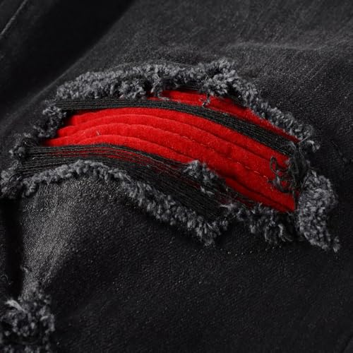 Men's Biker Ripped Jeans Stretchy Skinny Slim fit Distressed Pants Red Patch Holes #8864