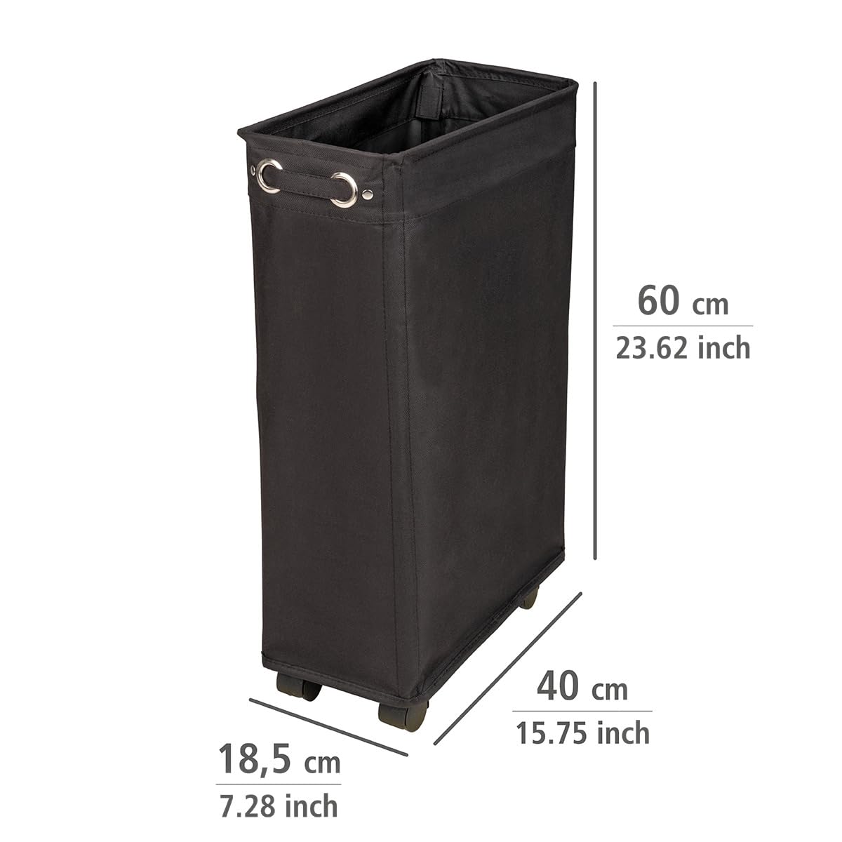 WENKO Cesto para la ropa sucia estrecho Corno negro WENKO, robusto cubo para la colada con cuatro ruedas y tapa, poliéster 100 %, capacidad 43 L, (anchura x altura x profundidad): 18,5 x 60 x 40 cm