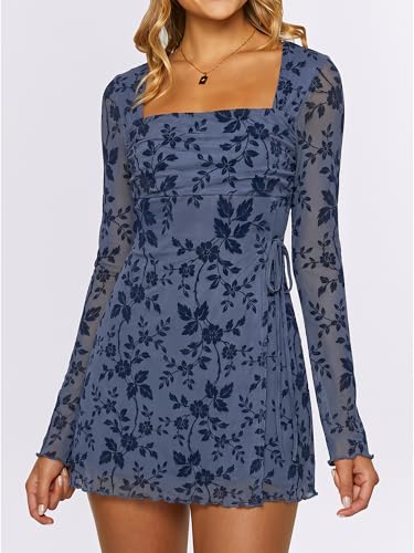 Image of Caracilia Womens Sexy Mesh Ruched Mini Dresses Long Sleeve Square Neck Tie Fall Club Party Cocktail Short Dress 2026 Fashion