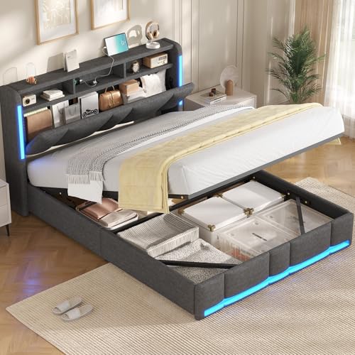 AOGLLATI King Size Ottoman Bed Frame 150×200 cm with Hydraulic Storage Charging Station & LED Lights King Size bed frame with Storage Headboard Sturdy Wood Slats Dark Grey Linen (King-150x200cm)