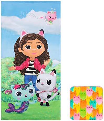 Franco Gabby's Dollhouse, Gabby, Mercat and Pandy Kids Bath/Pool/Beach Soft Absorbent Cotton Terry Towel with Washcloth 2 Piece Set, 50 in x 25 in, (Official DreamWorks Product)