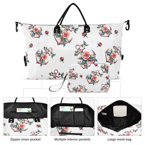Travel Gym Bag, Rose Navigation Pattern Weekender Overnight Duffle for Women with Toiletry Bag Travel Swim2