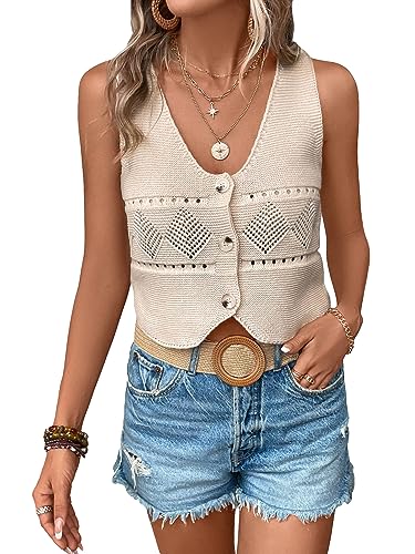Verdusa Women's Button Front V Neck Sleeveless Knitted Crop Sweater Vest