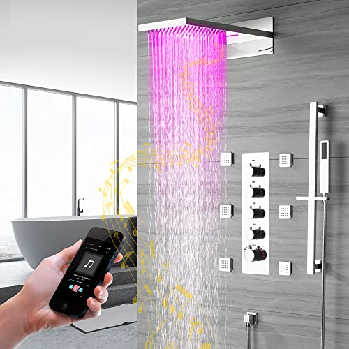 Sistema de ducha con cascada 9"x22" con LED, altavoces Bluetooth y 4 funciones (Montaje en pared) acero inoxidable pulido miniatura 2