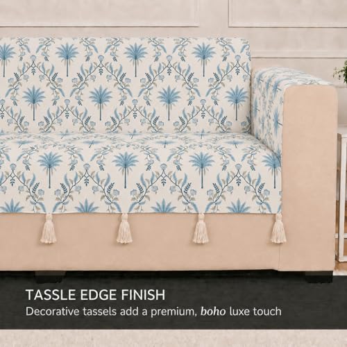 Image of STITCHNEST 'Eden Weaves Collection Series' 2 Seater Sofa Cover | Full Coverage with Armrest Pockets | Elegant Woven Fabric, Decorative Tassels, Washable & Durable for Modern Living