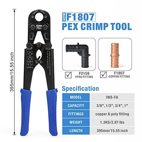 Icrimp F1807 Pex Crimper, Copper Pipe Crimping Tool Kit With 3/8'', 1/2'', 3/4'', 1'' Quick Change Jaws, Pex Tubing Cutter, Go/No-Go Gauge, Copper Ring Pex Removal Tool Included #TOP2