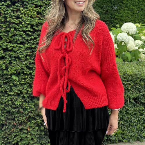 Image of Women Knitted Tie Front Cardigan Tops Casual Knitwear Top Long Sleeve Open Front Baggy Sweater Y2k Girls Outwear