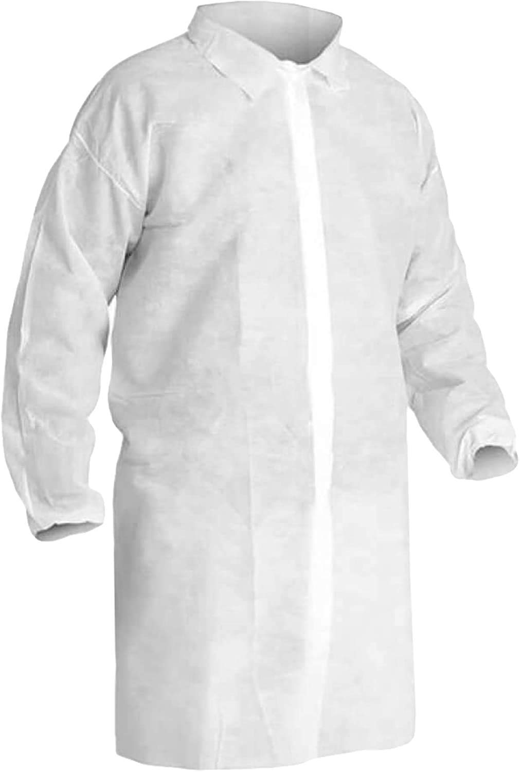 AMZ Medical Supply White Disposable Lab Coat, X-Large. 10 Pack 35 GSM Polypropylene Fabric Medical PPE Coat. Knee-Length Disposable Lab Coats with Elastic Wrists, Loop Fasteners, No Pockets