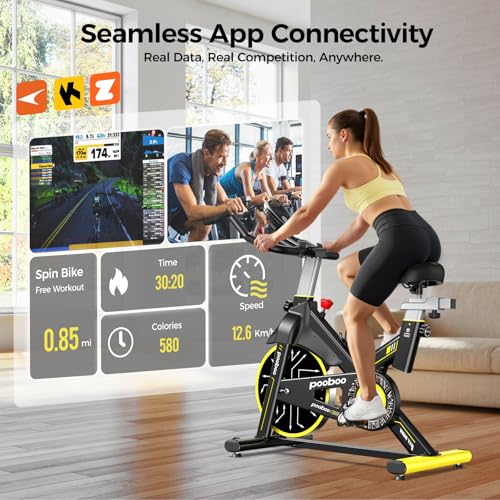 POOBOO Magnetic Exercise Bike, Quiet Stationary Bike with App and 350lbs Weight Capacity, Indoor Cycling Bike with LCD Monitor and Tablet Holder, Heavy Duty Workout Bike for Home Gym Weight Loss Fitness Bike, Adjustable Magnetic Resistance Silent Belt Driver,