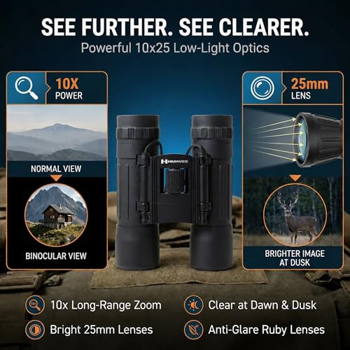 Image of Humvee HMV-B-10X25B Rubber Armor Compact Binocular with Anti-Reflective Ruby Red Lens, 10x25, Black