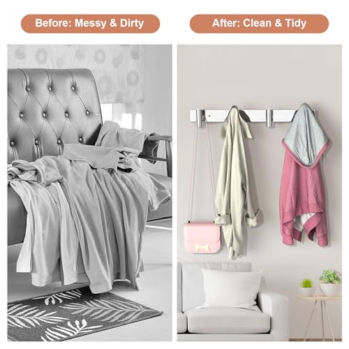 Image of VAEHOLD 1PACK Hat and Coat Wall Mount Rack - 4 Hooks for Robes, Bags, Keys, and Towels - Bathroom Towel Hanger Organizer -Silvery