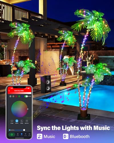 7FT Smart Lighted Palm Tree, DIY Color Changing LED Artificial Palm Tree 3 Trunks, Music Sync Timer Pre Lit Large Faux Christmas Tree App Remote Control for Outside Patio Poolside Party Tiki Bars
