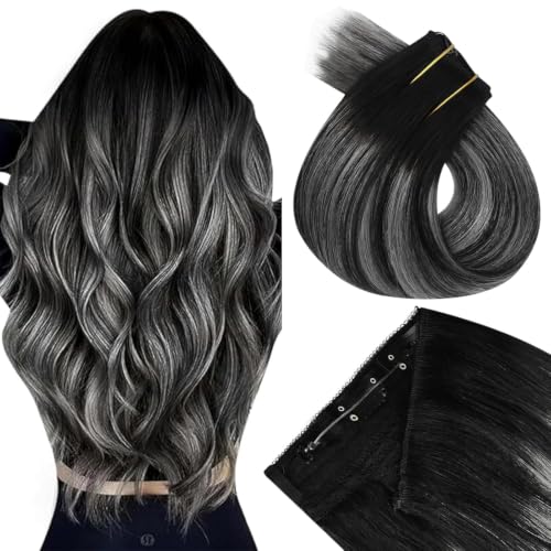 Image of Easyouth Wire Hair Extensions Ombre Human Hair Wire Extensions Balayage Black with Silver Fish Line Hair Extension Real Human Hair Blend Naurally 16 Inch 80g