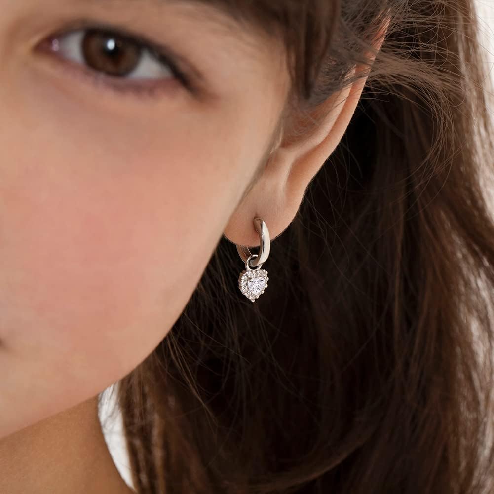 925 Sterling Silver Heart Dangle Hoop Earrings for Little Girls & Pre-Teens 11mm - Heart Themed Jewelry Gifts for Girls - Huggie Hoop Earrings for Everyday & Formal Wear