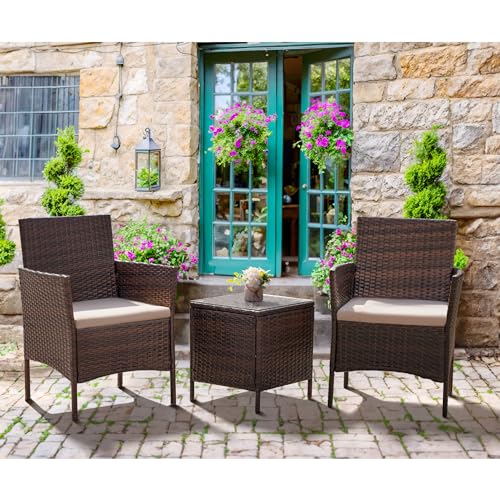 Flamaker Patio Furniture Set 3 Pieces All-Weather Rattan Outdoor Furniture Patio Chairs with Tempered Glass Table for Porch Bistro Balcony (Brown/Cream) - Image 4