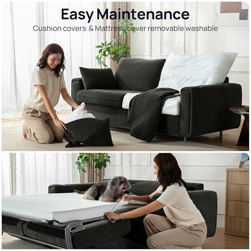 Pull Out Sofa Bed, No Cushion Removal, Queen Sleeper Sofa with USB Fast Charging, Memory Form Mattress, 2-in-1 Convertible Comfy Loveseat Couch Bed for RV, Apartment, and Small Spaces (Dark Grey) - Image 5