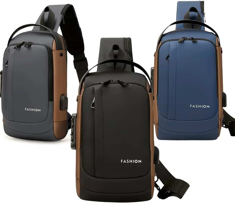 Mochila de Nylon Transversal Anti-furto, Impermeável com USB, Compartimentos Múl