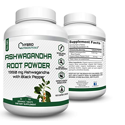 Organic Ashwagandha Tablets, Thyroid Support, Adrenal Fatigue, Anti Anxiety, Reduce Stress, Reduce Depression - 120 Ashwaganda Powder Tablets (1350 mg/Serving)