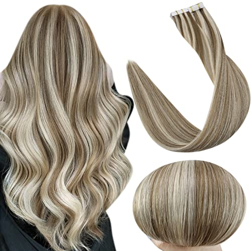 Full Shine Tape in Extensions Human Hair 18 Inch Seamless Tape in Hair 100 Gram Color 8 Ash Brown Highlights 60 Platinum Blonde Invisible Hair Extensions Tape in 40 Pcs