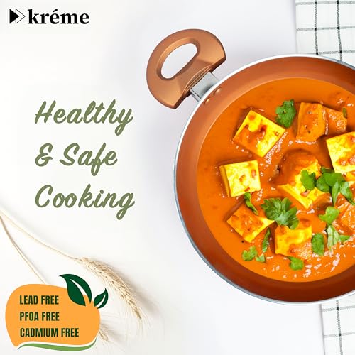 Image of Kreme Sonet Non-Stick Frying Kadai with Glass Lid | 2.5 Litre & 24 cm Induction and Gas Compatible Cookware Kadhai | Scratch Resistant Kadai for Cooking Curry, Dal, Rice & Biryani, Bronze
