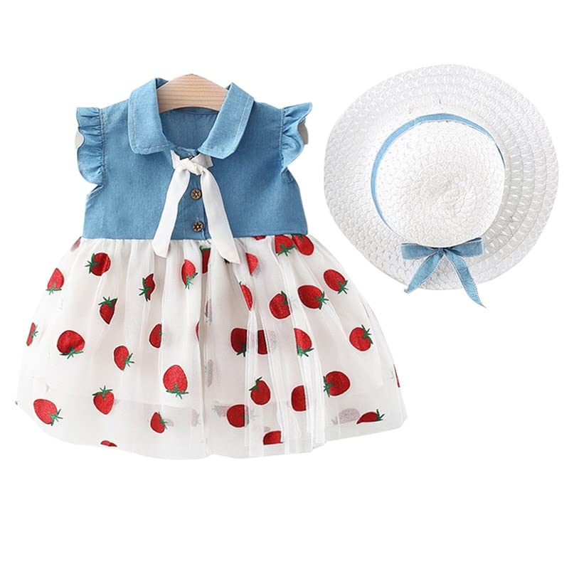 Image of Bold N Elegant Cap Sleeve Denim Embroidered Midi Party Dress Frock with Hat Dress for Infant Toddler Girl Baby Girl