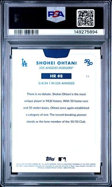 Graded Psa Gem Mint 10 Shohei Ohtani #15 Baseball Card 50/50 Home Run And Stolen Bases Club Dodgers 4 time Mvp Superstar. Celebrate Home Run #8 During His Record Setting Season