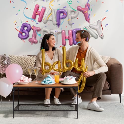 Image of Pink Purple Happy Birthday Balloon Banner Set -16 Inch Foil Letters Balloons, Reusable Birthday Decorations and Party Supplies, Suitable for Men and Women's Birthday Decorations，Party Backdrop