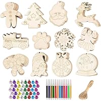 MoSunold 36PCS Christmas Ornaments, Wooden DIY Crafts Hanging Christmas Decorations Slices, 12PCS Watercolor Pens 40PCS Bells for Kids Xmas Craft Fair Xmas Gifts Christmas Tress Pendants