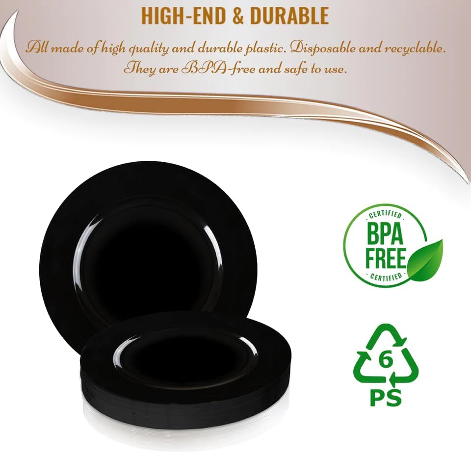 Miniatura 4 de Platos desechables para fiesta de 13 pulgadas, 40 piezas, color negro, juego de vajilla de plástico, para fiestas, bodas, fiestas, bodas,