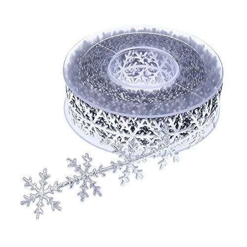 A Roll of 0.98 Inch X 10 Meters Silver Glitter Snowflake Ribbon Lace Christmas Snowflake Leaves Ribbon Sequins Trim for Christmas Celebration Wedding Birthday Party Festive Event Decoration