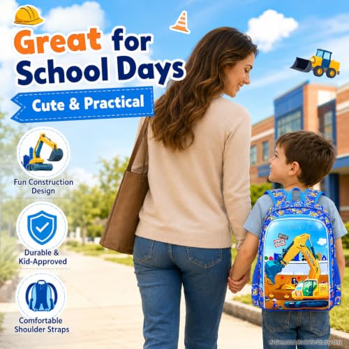 Image of 3Pcs Kids Backpack for Boys, 16 inch Excavator Bookbag Set for Elementary Preschool Kindergarten, School Backpacks with Lunch Box(Blue)