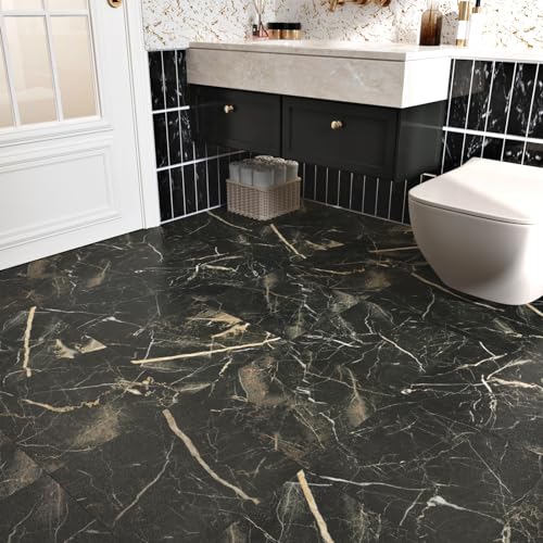 Marble Black Vinyl Flooring Tiles Peel and Stick Floor Tile 12''x12'' Self Adhesive Waterproof Floor Stickers for Kitchen Bathroom Decorative Flooring Sheets for Bedroom Basement RV Sticky Tiles 16PCS by LIKILIKI - Used condition - US$17.49