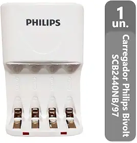 Carregador de Pilhas Philips AA AAA SCB2440NB Desligamento Automático Led Bivolt Inmetro