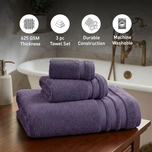 Image of MYTRIDENT Finesse 3 Piece Towel Set (1 Pc Bath Towel, 1 Pc Hand Towel, 1 Pc Face Towel), 625 GSM, Zero-Twist, Luxuriously Soft, 100% Cotton, Purple