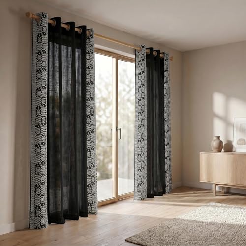 Image of LINENWALAS Cotton Linen Sheer Curtains 5 Feet for Window -Block Printed Door Curtain | Grommet Hanging Style Pack of 2 Panels |Light Filtering Sheer Drapes (Bandhani)