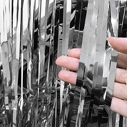 JYSDCXC Foil Fringe Curtains 2 Pack Silver Metallic Tinsel Curtain 3.2ft x 8.2ft/1x2.5m Birthday Decorations Streamers Backdrop for Hen Party Wedding Birthday Bachelorette Graduation Prom Decoration