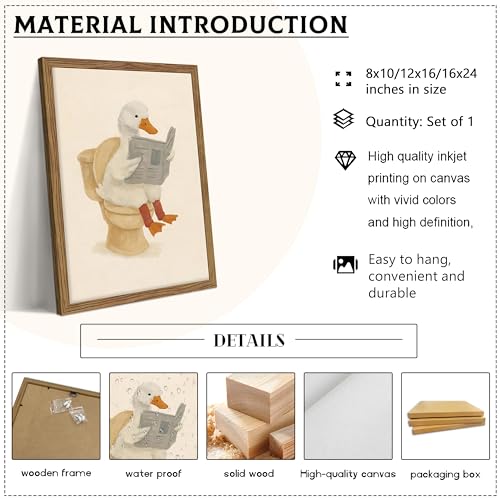 Image of Framed Duck Bathroom Wall Art, Whimsical Duck Reading on Toilet, Funny Kids Bathroom Wall Decor, Vintage Farmhouse Toilet Decor, Cute Animal Canvas Print for kids Room 16x24 inch