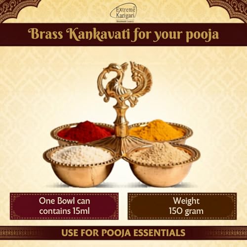 Image of Brass Kankavati Haldi Kumkum Container | Traditional Pooja Sindoor, Chawal Holder | Peacock Design 4 Bowl Pooja Accessory for Festivals, Gifting & Home Mandir (Brass Polished, Small)