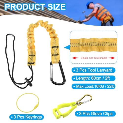 Image of MECCANIXITY Retractable Tool Lanyard 2ft with Aluminum Buckle and Adjustable Loop End, Included Glove Clamps and Keychains, Fall Protection Tools Leash for Hand Tools, Yellow 3 Pack