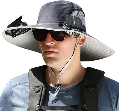 Outdoor Wide Brim Sun Hat with 2 Solar Fan Sun Bucket Hat for Men Women UPF 50+ Bucket Fishing & Beach Hat with Fan Built in, Z-dark Gray, Medium-XX-Large
