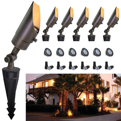 MALORY Landscape Spotlight, Brass Spot Light Outdoor with 5W MR16 LED Bulb, 12V AC/DC Low Voltage Landscape Lighting Waterproof Spot Lights for Outside Tree, Garden, Yard (S01, 6 Pack with B