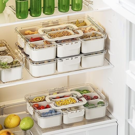 Image of TopinonDivided Veggie Tray with Lid and Handle 9 Compartment Serving Tray with Dividers Portable Travel Snack Containers Stackable Box Charcuterie Container for Fruit,Vegetable,Salad (9 Grid - 1 PC)