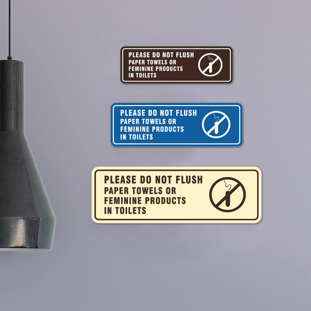 All Quality Cartel estándar para puerta o pared con texto en inglés "Please Do Not Flush Paper Towels or Feminine Products in Toilets" - Material duradero | Cinta de espuma de doble cara | Negro/Plata