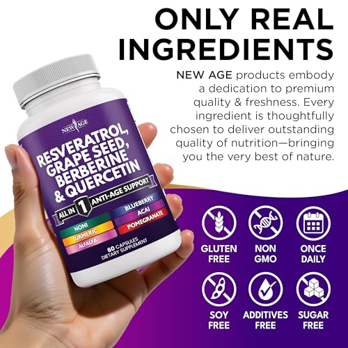 new age resveratrol berberine grape seed extract quercetin polyphenol supplement for women and men with noni extract n-acetyl cysteine acai extract - 120 capsules